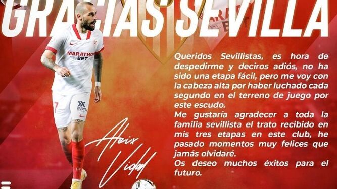 Carta de despedida de Aleix Vidal: "He pasado momentos muy felices que jamás olvidaré"