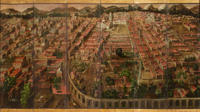 Biombo de la conquista de México y La muy noble y leal ciudad de México. Anónimo mexicano. S. XVII