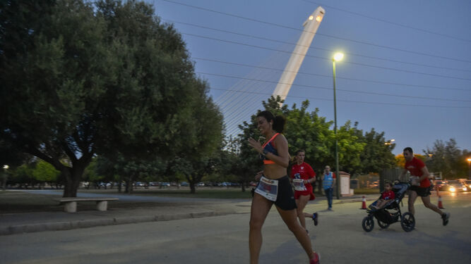 Varios corredores por el Parque del Alamillo en la edición de 2019 de la Carrera Nocturna del Guadalquivir