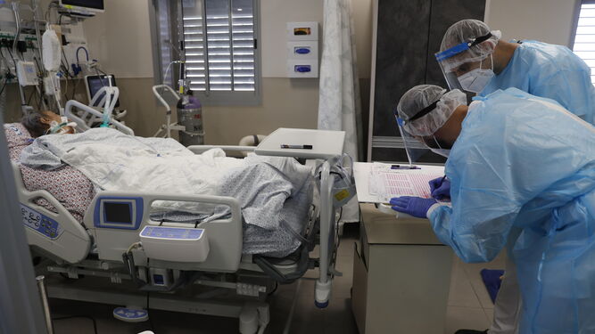Personal sanitario atiende en la UCI a un paciente con Covid-19.