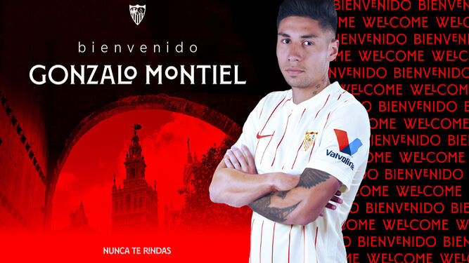 Carátula de presentación oficial de Montiel como nuevo jugador del Sevilla.