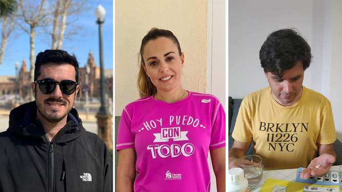 Dos afectados por la enfermedad, Daniel Garrido (izqda.) y Alejandro P., junto a Rocío Espinosa, madre de un menor con FQ: