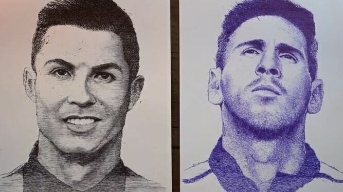  Video  El increíble dibujo simultáneo a boli de Cristiano Ronaldo y Messi con solo una mano