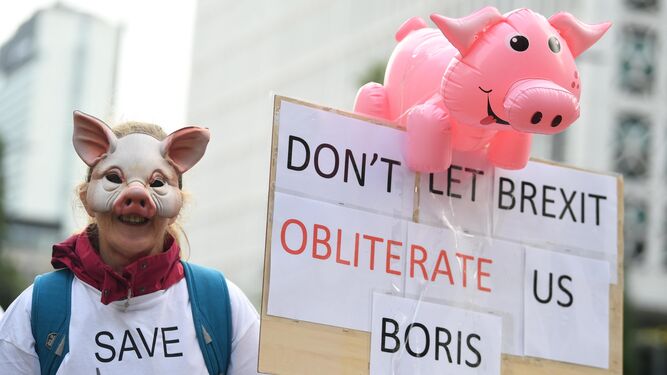 Una manifestante protesta ayer con una máscara de cerdo a las puertas del congreso del Partido Conservador en Manchester.