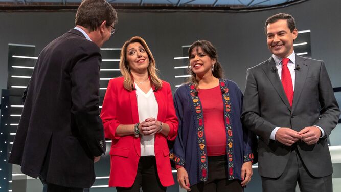 Marín, Susana Díaz, Teresa Rodríguez y Juanma Moreno, en uno de los dos debates de las elecciones andaluza.