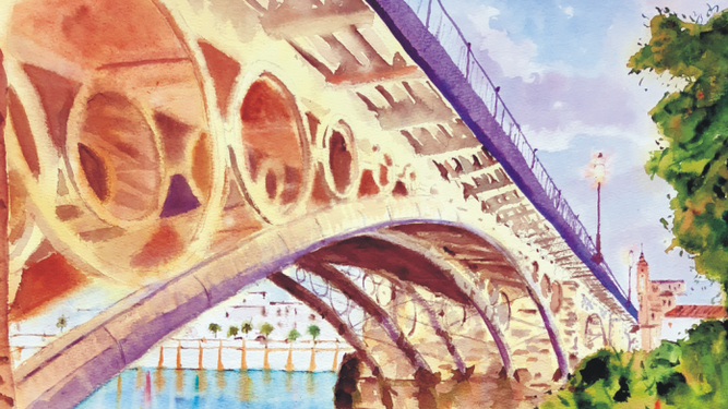 Acuarela del puente de Triana, una de las obras donadas que ya tiene comprador.