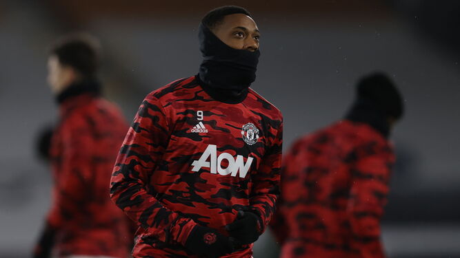 Martial, durante el calentamiento previo a un partido con el Manchester United.