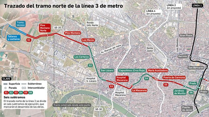 Las estaciones del tramo Norte (Pino Montano-Prado) y los subtramos de obra previstos.