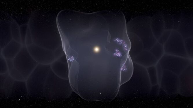 Ilustración de la Burbuja Local con la formación de jóvenes estrellas en su superficie