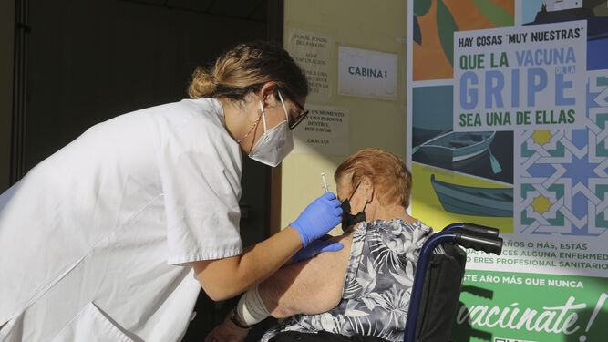 Una sanitaria pone la vacuna contra la gripe a una paciente de riesgo en la presente campaña de vacunación.
