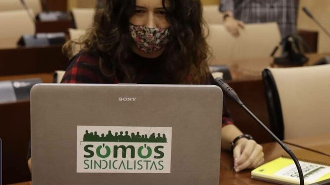 La vigilante Mónica Mena,  en la sala de comisiones del Parlamento actuando como representante sindical.
