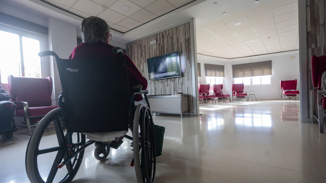Una residente, en  silla de ruedas, ve  la televisión en una  sala de ocio en un  geriátrico sevillano.