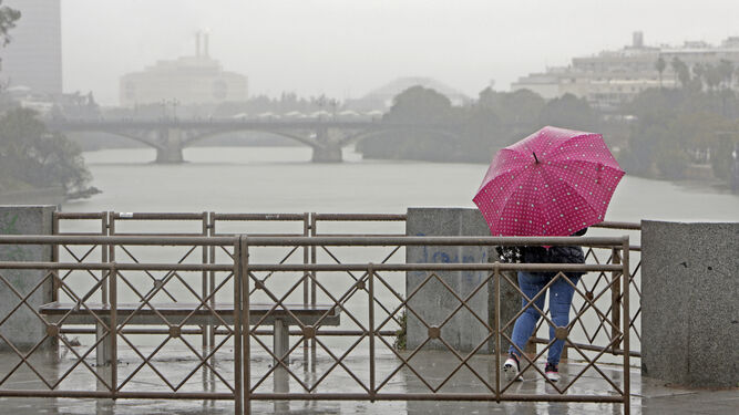 Una mujer observa el río en un día de lluvia.