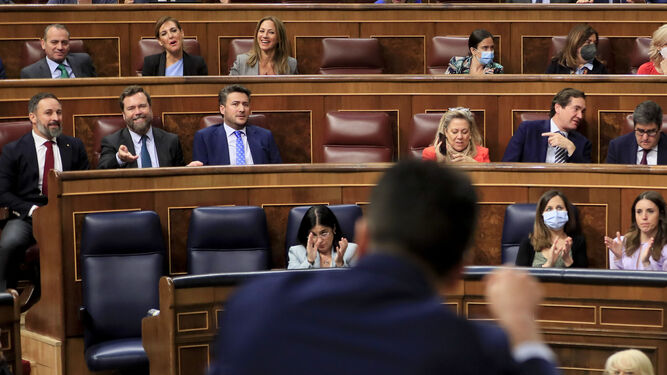 El líder de Vox, Santiago Abascal, y su portavoz parlamentario, Iván Espinosa de los Monteros, escuchan una intervención del portavoz del PSOE, Héctor Gómez, en el pleno del Congreso