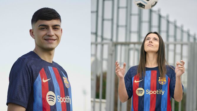 Pedri y Aitana Bonmatí, con la primera equipación del FC Barcelona 2022-23.