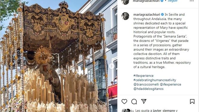 La entrada publicada por Maria Grazia Chiuri en su Instagram con el palio de la Virgen de las Angustias.