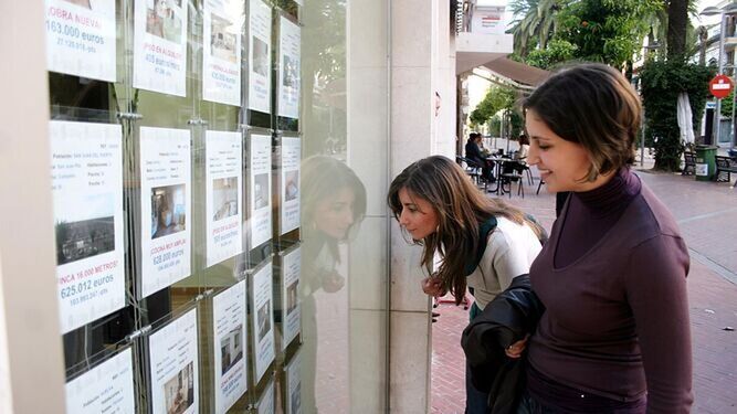 Dos jóvenes consultan los precios de viviendas de aquiler.