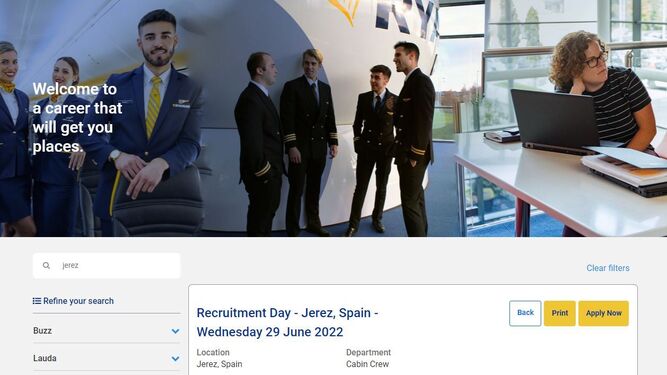 Captura de la web de Ryanair con la selección anunciada en Jerez.