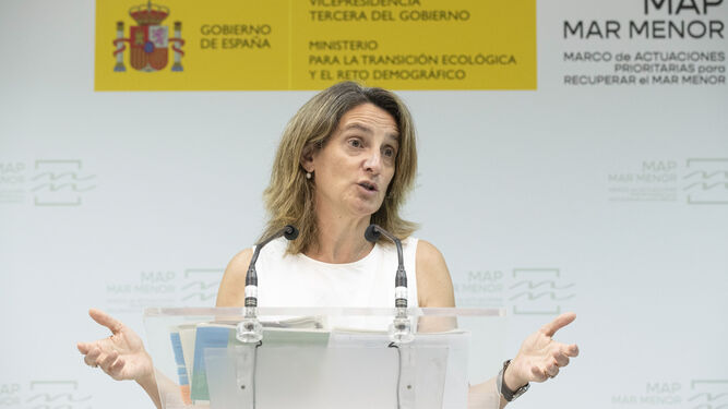 Teresa Ribera, ministra de Transición Ecológica, este viernes en rueda de prensa en Murcia