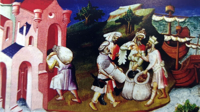 Comerciantes europeos trafican con especias en una ilustración del ‘Libro de las maravillas del mundo’ que relata los viajes de Marco Polo (siglo XV)