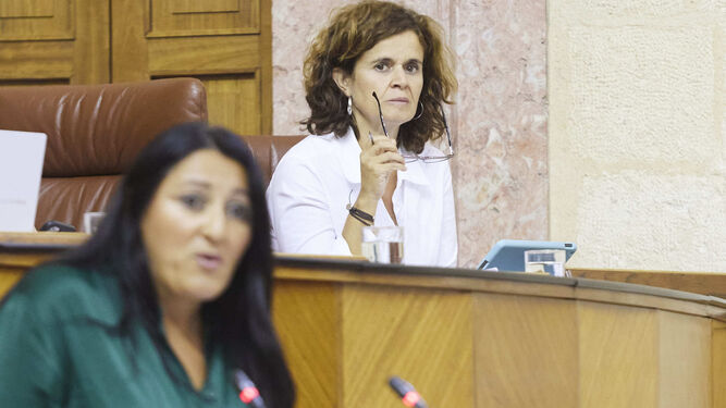 La parlamentaria Esperanza Gómez observa, ya desde la Mesa, a su compañera Alejandra Durán.