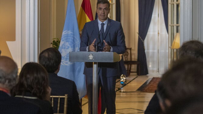 El Presidente del Gobierno, Pedro Sánchez, en rueda de prensa en Nueva York.