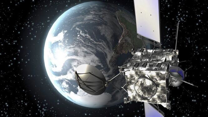 Imagen facilitada por la Agencia Espacial  Europea (ESA) que muestra una animación por ordenador que muestra la sonda Rosetta durante su acercamiento a la Tierra.