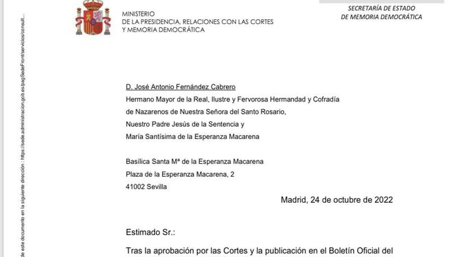 Membrete de la carta enviada por el Estado a la Hermandad de la Macarena.