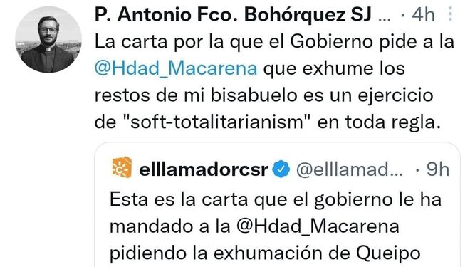 Comentario del bisnieto del general Francisco Bohórquez en Twitter.