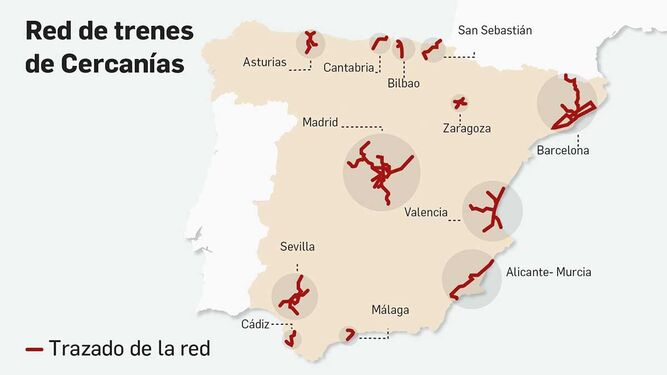 El Cercanías de Sevilla en relación al resto de núcleos de Cercanías del país.