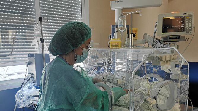Enfermera en el box de aislamiento de la UCI neonatal del Valme, donde ingresan los casos de prematuros con VRS.