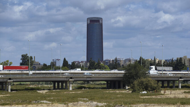 Los suelos de Tablada con la Torre Sevilla al fondo.
