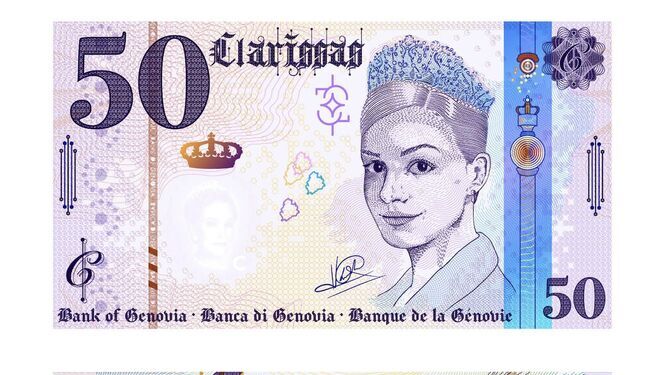 El billete de 50 clarissas de Genovia, con la princesa Mia. Un trabajo del diseñador Juanmo en un grado de grabador para la FNMT