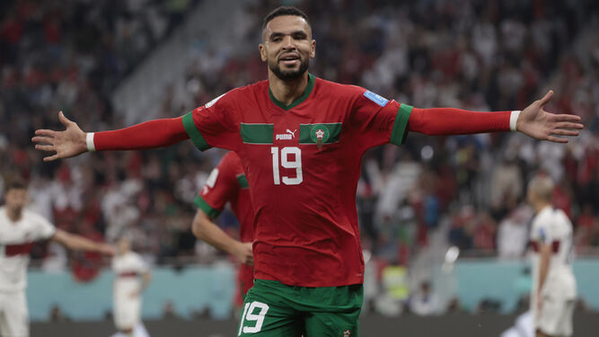 En-Nesyri celebra el gol que hizo historia para Marruecos.