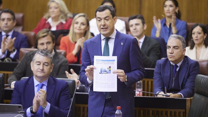 El presidente de la Junta con una página de los  periódicos del Grupo Joly con el apoyo del PSOE andaluz a la reforma de la malversación y sedición.