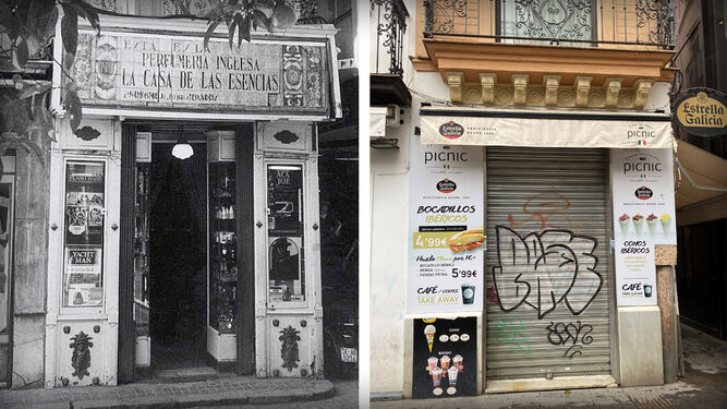 Comparativa: la antigua perfumería La Casa de las Esencias frente al negocio actual.