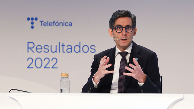 El presidente ejecutivo de Telefónica, José María Álvarez-Pallete, durante la rueda de prensa sobre los resultados.