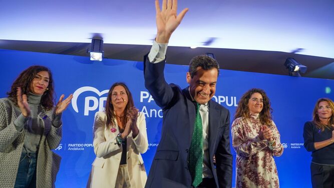 El presidente del PP-A, Juanma Moreno, en el acto 'Andalucía lidera en femenino' organizado por el partido con motivo del Día de la Mujer.