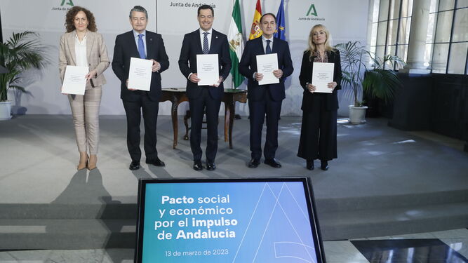 Juanma Moreno, junto a los líderes de CCOO, UGT y CEA, y su consejero de Presidencia, Antonio Sanz.
