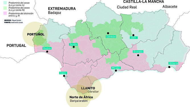 Los tres focos territoriales donde conviven las hablas fronterizas en Andalucía.