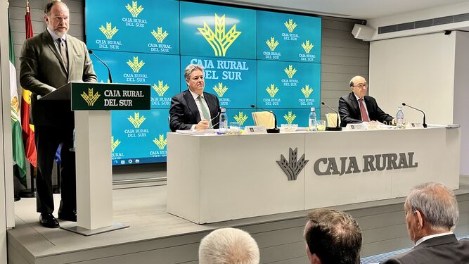 José Luis García-Palacios, presidente de Caja Rural del Sur, interviene en la última asamblea de la entidad financiera.