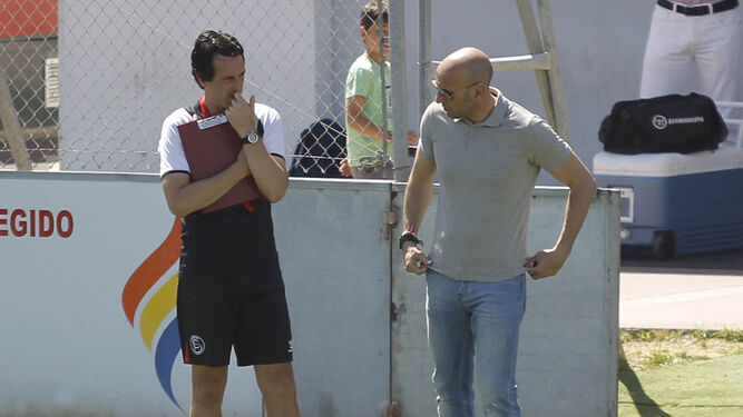 Unai Emery y Monchi, en mayo de 2014, justo antes de que ganasen la Europa League de Turín.