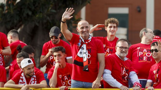 Monchi durante la celebración de la séptima Europa League del Sevilla.