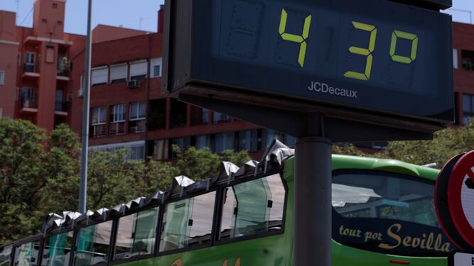 Un termómetro marca 43 grados en Sevilla.