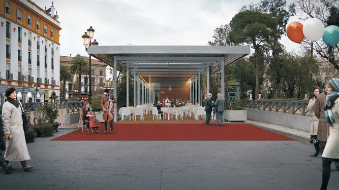 Recreación del proyecto ganador del concurso para construir dos quioscos en el Paseo de Cristina.