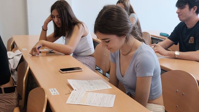 Una alumna repasa los apuntes antes de un examen de Selectividad.
