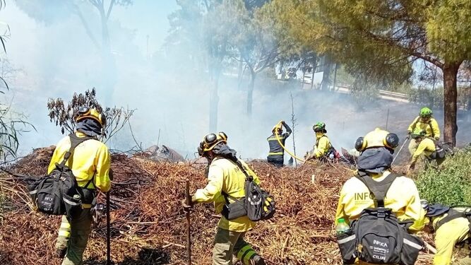 Efectivos del Plan Infoca en un incendio declarado en la localidad de Mijas.