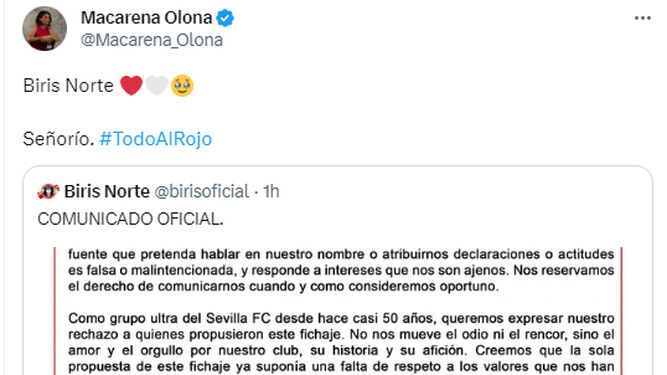 Captura de Macarena Olona sobre el comunicado de los biris sobre Serio Ramos.