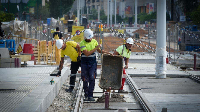 Operarios trabajan en la ampliación del tranvía este verano.