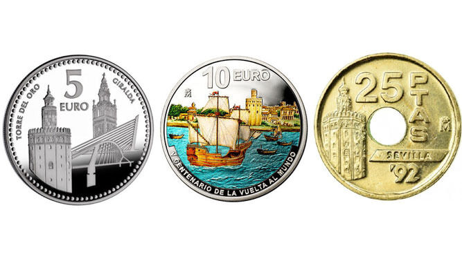Las tres monedas que retratan la Torre del Oro